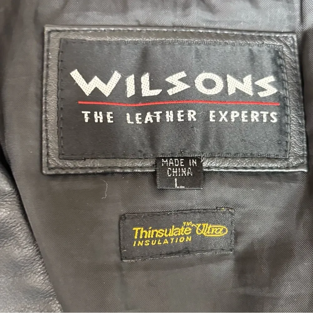 Wilsons 100% Leather Women's Black Belted Jacket size large zip in liner 90s